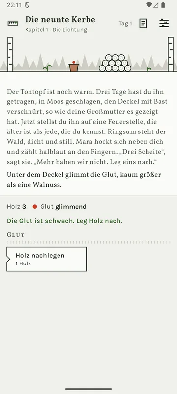 Die Lichtung als Strichzeichnung mit Topf und Holzstoß, darunter der Text, „Holz 3 · Glut glimmend“ und der Knopf „Holz nachlegen“.