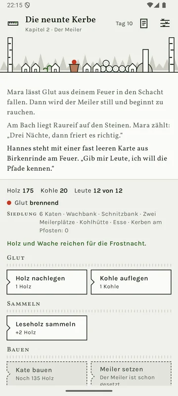 Kapitel 2, Tag 10: Katen um das Feuer, Vorräte „Holz 175, Kohle 20, Leute 12 von 12“ und Knöpfe wie „Kohle auflegen“ und „Kate bauen“.