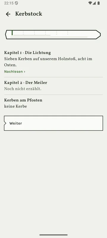 Seite „Kerbstock“: oben der gezeichnete Stock, darunter Kapitel 1 „Die Lichtung“ mit „Nachlesen“ und Kapitel 2 „Der Meiler“, noch nicht erzählt.